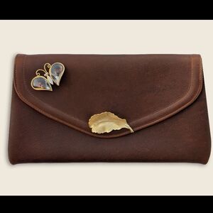 New Handmade Brown Leather Envelope Clutch with Vintage Brooches